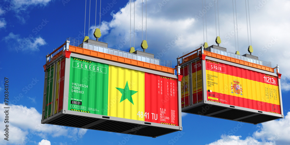 Shipping containers with flags of Senegal and Spain - 3D illustration