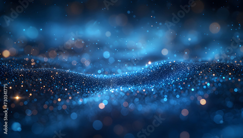 A dark blue abstract background featuring a glow particle effect. The image includes abstract blue lights and star particles, forming a captivating scene with dots on a dark background.