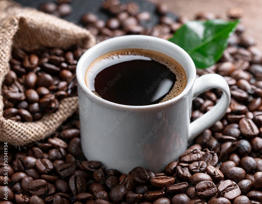 Fototapeta premium Kaffeebohnen mit einer Tasse frischen Kaffee