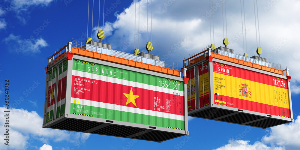 Shipping containers with flags of Suriname and Spain - 3D illustration