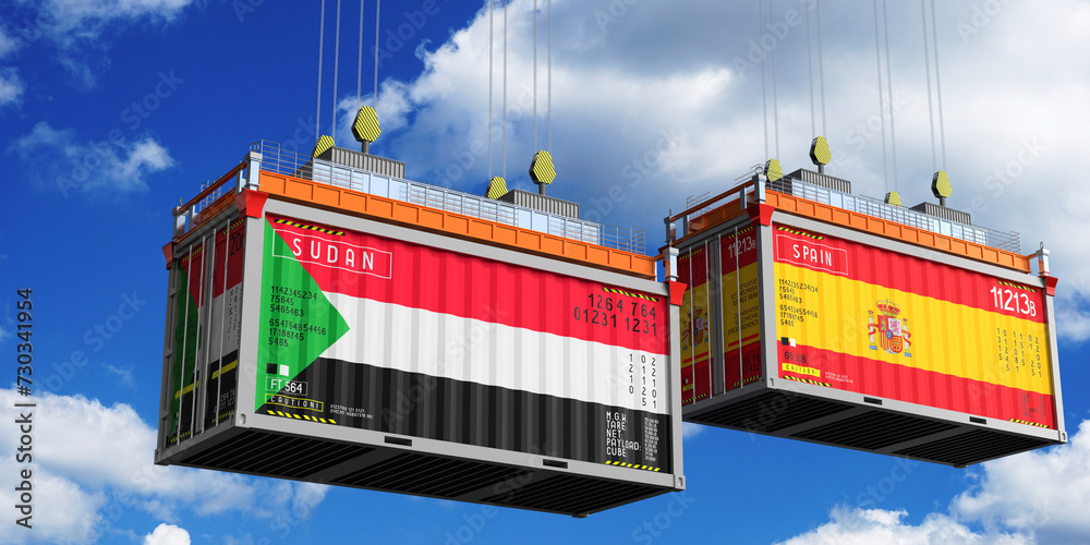 Shipping containers with flags of Sudan and Spain - 3D illustration