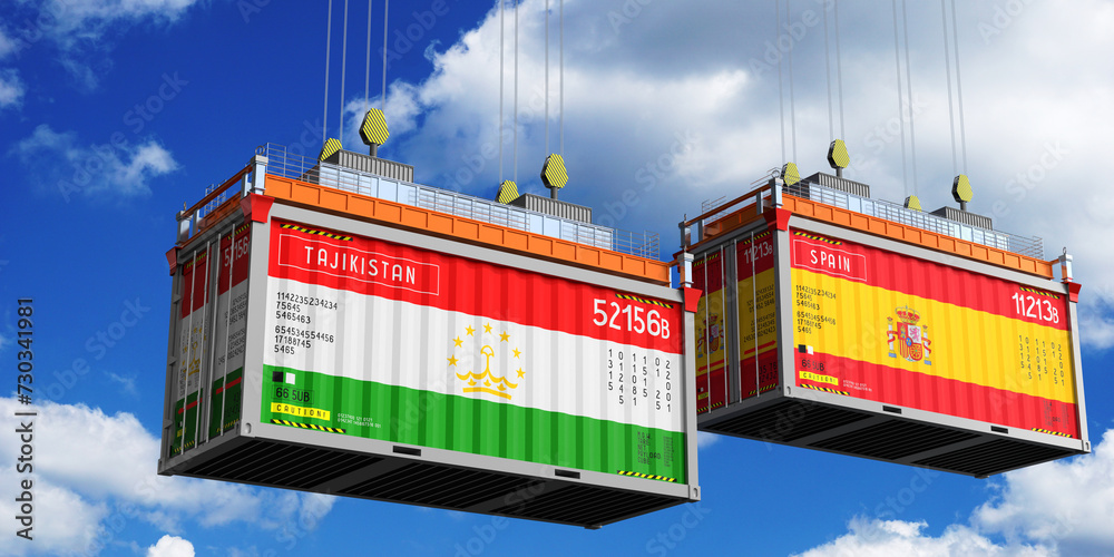 Shipping containers with flags of Tajikistan and Spain - 3D illustration Shipping containers with flags of Tajikistan and Spain - 3D illustration
