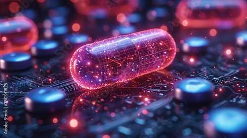 Abstract 3d rendering of computer circuit board with red and blue pills. AI. photo