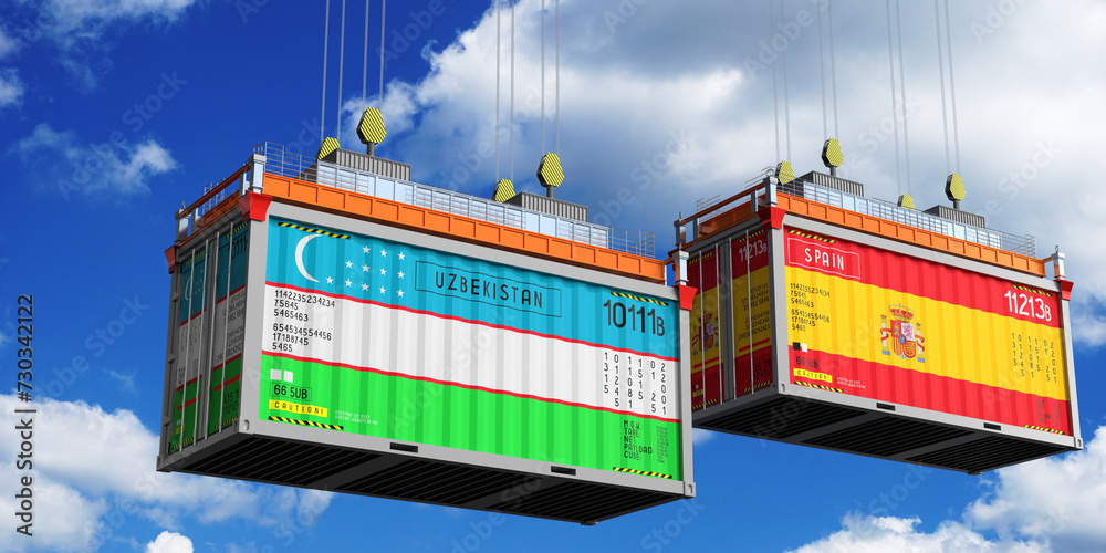 Shipping containers with flags of Uzbekistan and Spain - 3D illustration