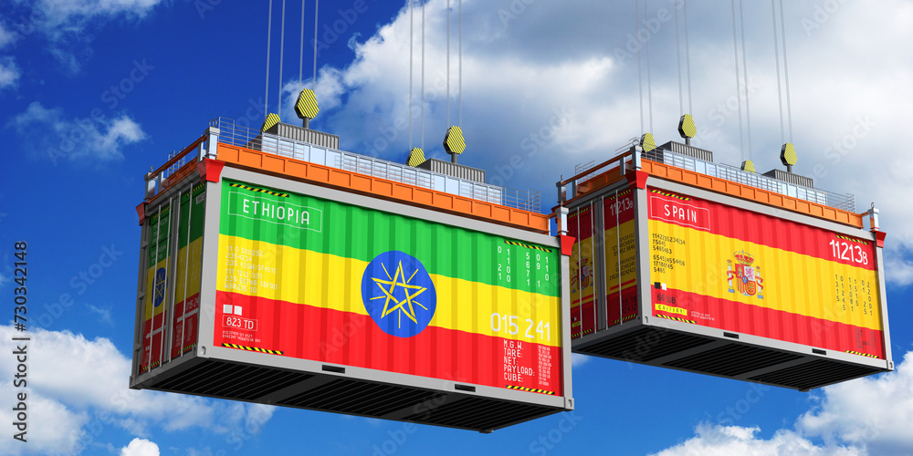 Shipping containers with flags of Ethiopia and Spain - 3D illustration