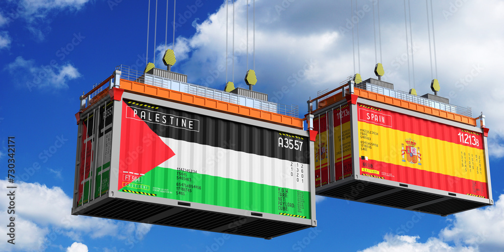 Shipping containers with flags of Palestine and Spain - 3D illustration