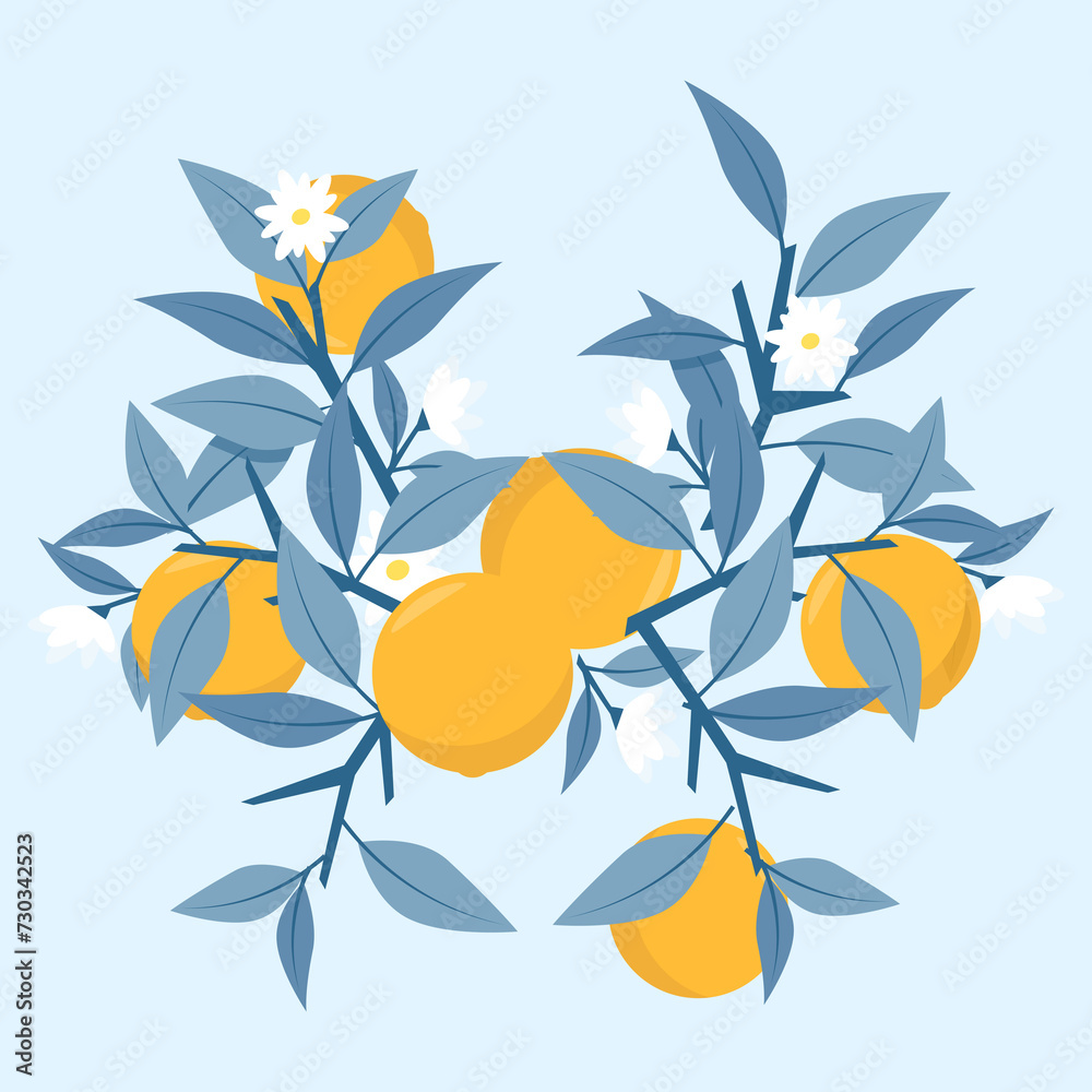 Composition of oranges and blue branches Composition of oranges and blue branches