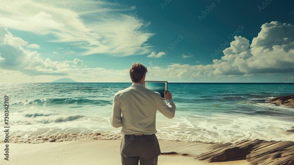 Business on the beach: Businessman's hands with tablet capturing pictures of the sea and clouds Business on the beach: Businessman's hands with tablet capturing pictures of the sea and clouds