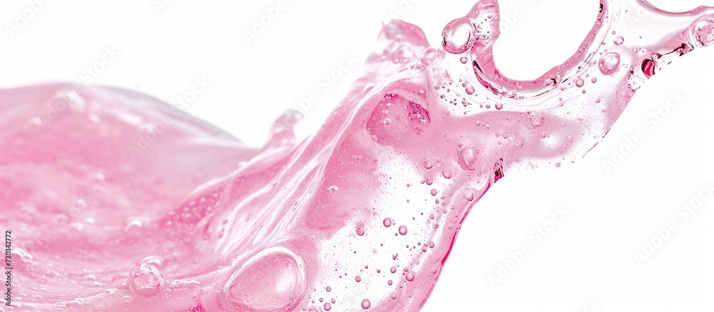 Pink transparent cosmetic sample with bubbles isolated on a white background resembling face serum texture and clear skincare product. Close-up of hand sanitizer, a hygiene liquid gel. - obrazy, fototapety, plakaty 