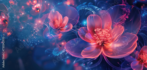 y2k enchanting digital art of glowing flowers in a mystical blue and red neon landscape