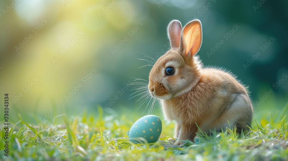 Cute bunny and single easter egg. Concept and idea of happy easter day