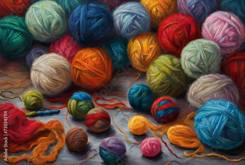 Mixed Color Wool Yarn. Colorful knitting yarn balls on the table illustration. photo