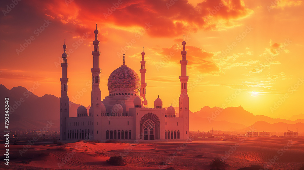 Image of a magnificent mosque in the middle of a vast desert, golden orange sky at sunset, Ai Generated Images