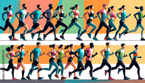 A vibrant illustration of a diverse group of runners on the move  in a dynamic and colorful style  depicting the energy and community of running. Marathon concept. AI generated.
