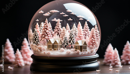 Winter night  snow, tree, decoration, window, illuminated, snowflake, Christmas ornament generated by AI