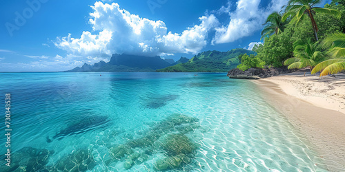 Beach paradise travel vacation tropical getaway in Rangiroa atoll, Tuamotu islands, French Polynesia. Tahiti honeymoon destination with idyllic pristine ocean crystal clear turquoise water. photo