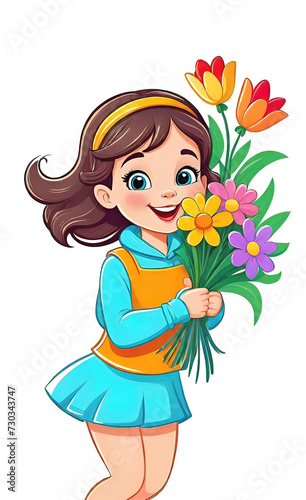 vector illustration  funny cheerful flat logo of girl with flowers  isolated on white background  color children s drawing for illustration  sticker  background for smartphone  children s greeting car