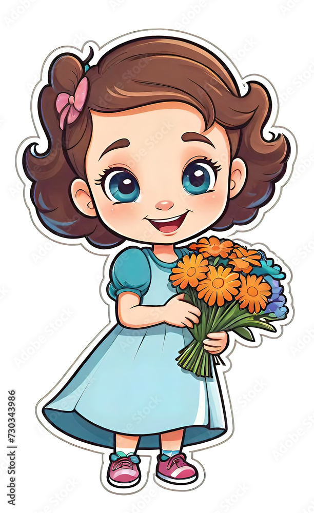 vector illustration, funny cheerful flat logo of girl with flowers, isolated on white background, color children's drawing for illustration, sticker, background for smartphone, children's greeting car vector illustration, funny cheerful flat logo of girl with flowers, isolated on white background, color children's drawing for illustration, sticker, background for smartphone, children's greeting car
