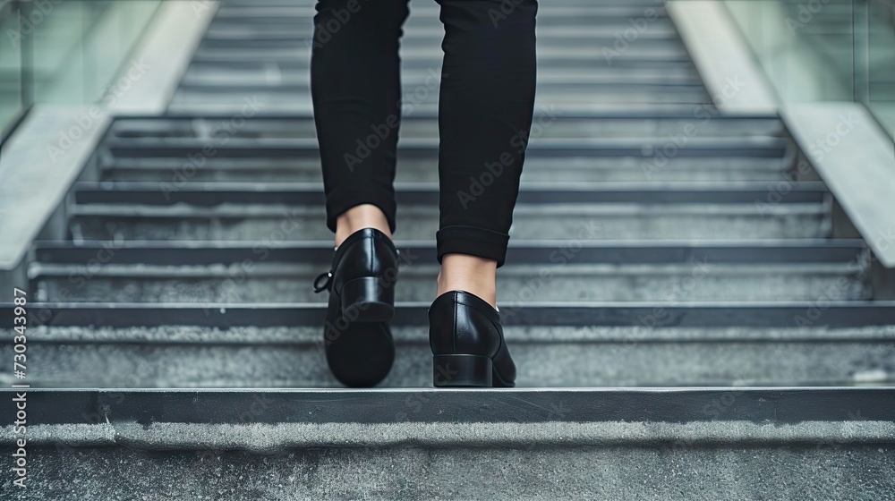 Urban hustle: Closeup of businesswoman's legs hurrying up stairs in the city, morning rush