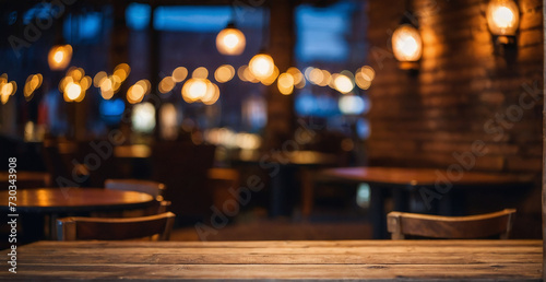 wooden table and bokeh background, restaurant image