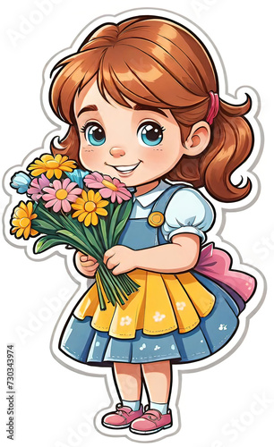vector illustration  funny cheerful flat logo of girl with flowers  isolated on white background  color children s drawing for illustration  sticker  background for smartphone  children s greeting car