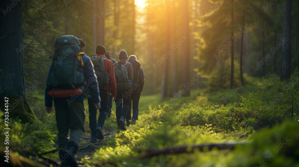 Group of People Hiking Through a Forest