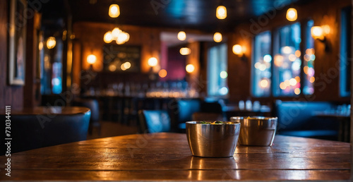 interior of a restaurant, wooden table and bokeh background