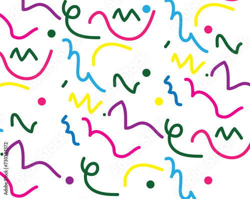 Fun colorful line doodle seamless pattern. Creative minimalist style art background for children or trendy design with basic shapes. Simple childish scribble backdrop