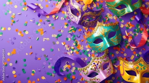 Colorful carnival masks and confetti on a purple background