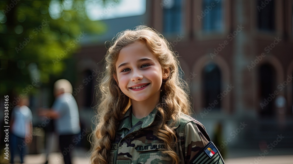 Smiling girl wearing army uniform with blurry background