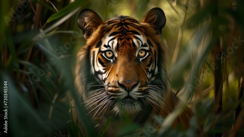 Majestic tiger peering through foliage  wildlife portrait in natural habitat. digital art illustration with realistic style for various uses. AI
