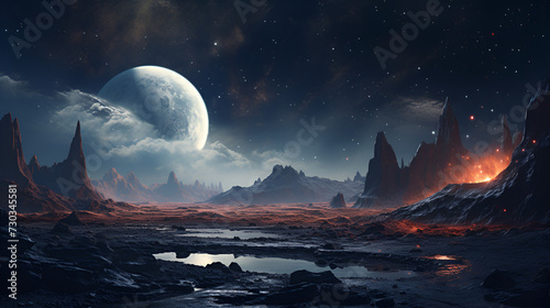 landscape with moon and mountains,, landscape with moon