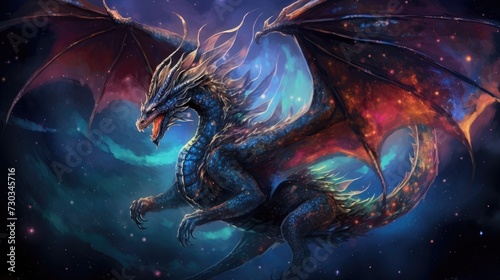 A mesmerizing dragon art design, featuring a majestic dragon with iridescent scales, soaring amidst a starlit sky
