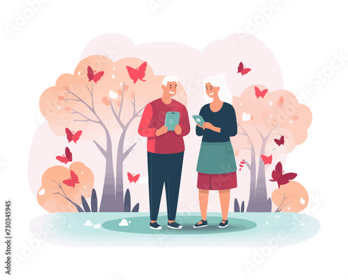 old couple looking at smartphone vector flat isolated illustration
