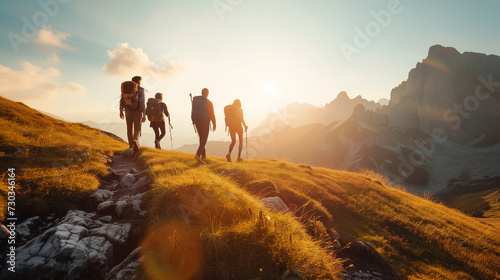A Group of People Hiking up a Hill at Sunset