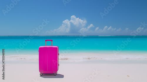 A bright pink suitcase stands on the white sand against the turquoise ocean. Travel and vacation concept