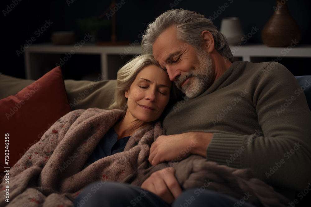 Happy mature couple cuddling on comfortable sofa at home. Generative AI Happy mature couple cuddling on comfortable sofa at home. Generative AI