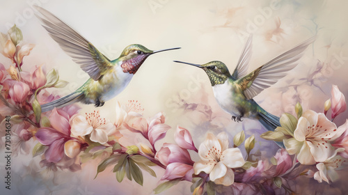 Abstract art of hummingbirds with floral