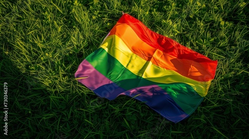 Rainbow flags on grass background. LGBT gay pride colors photo