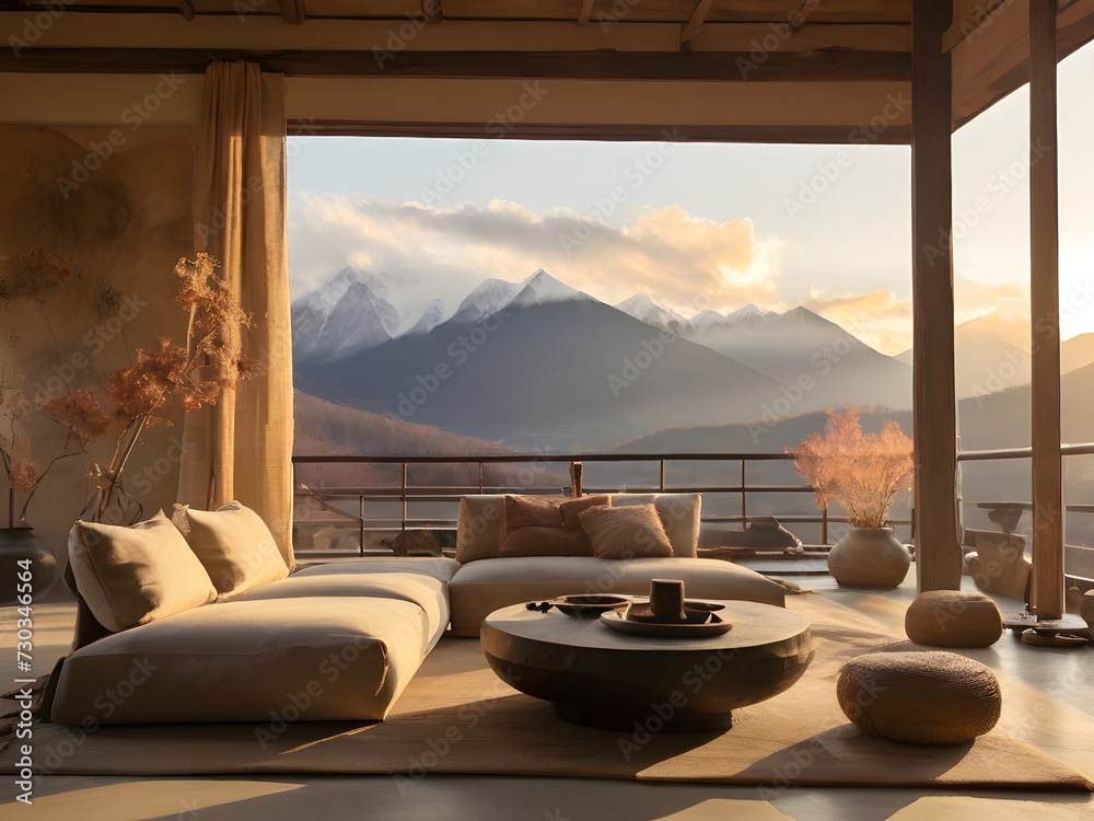 Generative KI wabi sabi wohnzimmer mit couches und großem Fenster bei ...