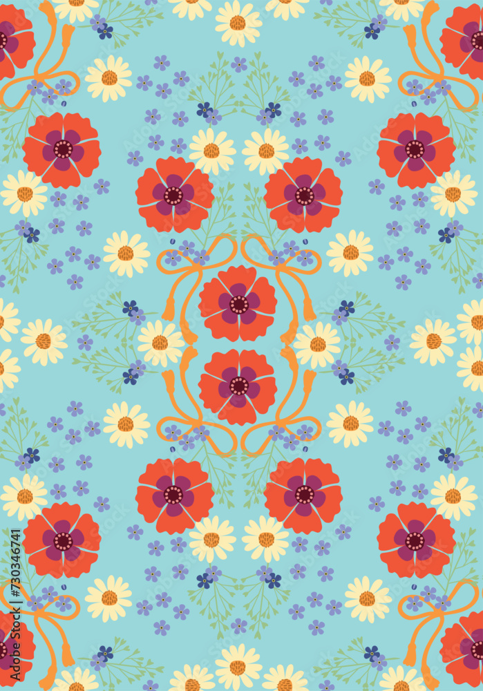 Fototapeta premium Fowers and leaves in vintage style, seamless pattern. 
