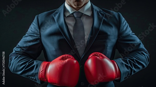 "Business knockout: Businessman in suit with red boxing gloves, victorious success posture © pvl0707