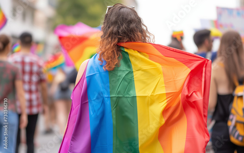 Back view of people with LGBT and rainbow flags on parade in the street. © Анастасія Черкас
