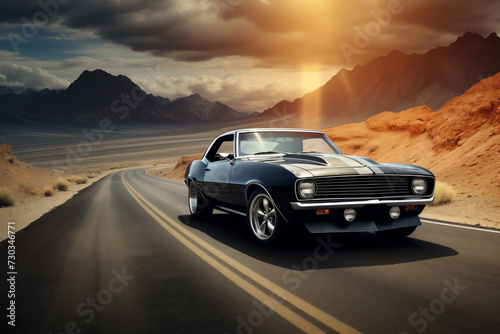 Black muscle car roaring down empty highway. Generative AI © Nomad_Soul