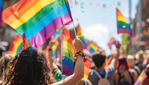 Back view of people with LGBT and rainbow flags on parade in the street.