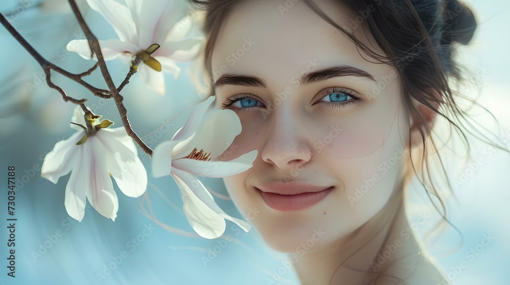 Serene woman with blooming flowers, portrait in natural light. peaceful expression, spring concept. AI