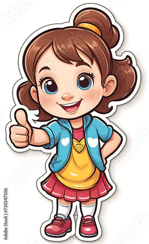 vector illustration, funny cheerful flat logo of girl holding thumbs up (like), isolated on white background, color children's drawing for illustration, sticker, background for smartphone, © Perecciv