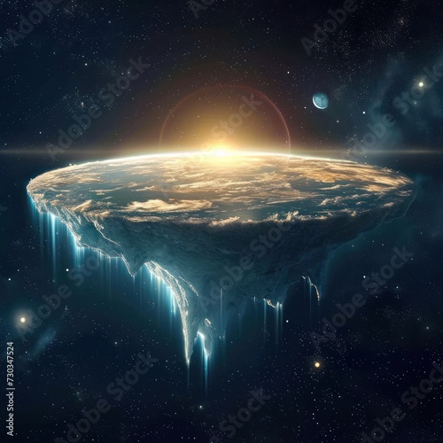 Flat earth theory concept with a cloudy, charming and stunning fantasy appearance complete with winter textures, great for advertising, blogs, social media, etc. Generative Ai photo