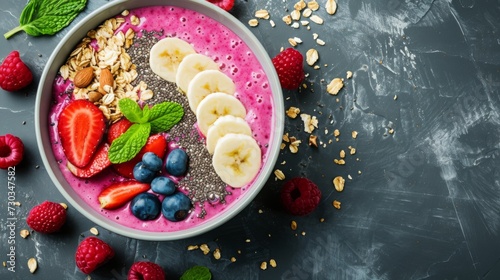 Smoothie bowl, with a focus on the rich and vivid colors of the ingredients, The overhead angle creates a flat lay composition