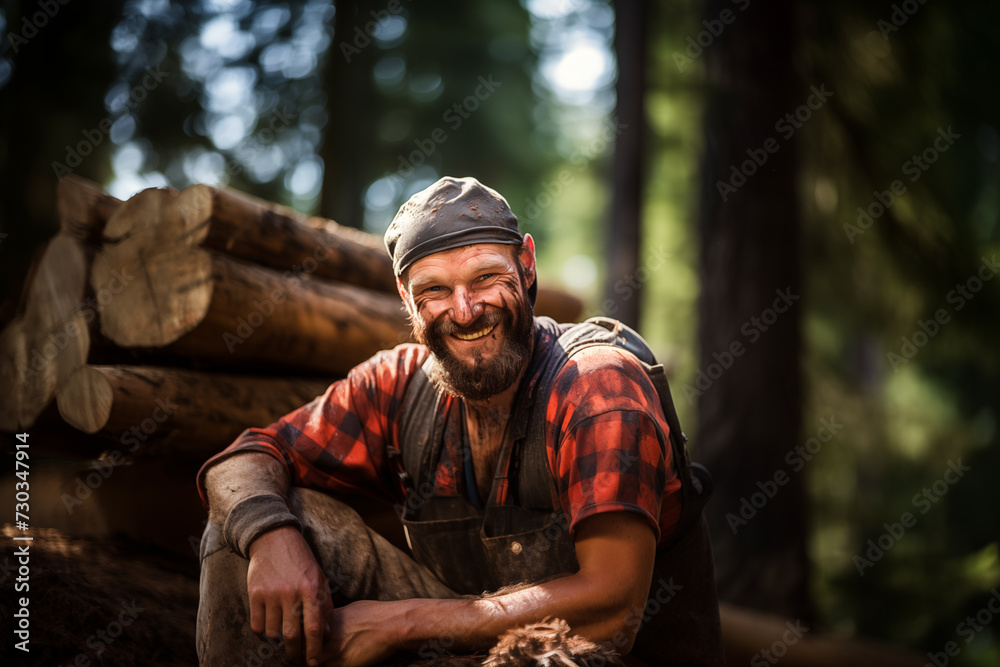 Smiling lumberjack taking break. Generative AI